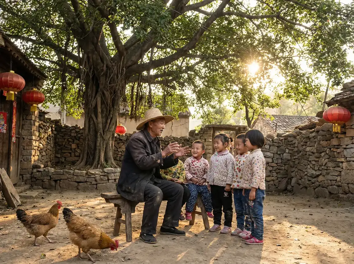 老人在大榕树下给孩子们讲故事 - 刀客家族的女人电视剧 乡村记忆